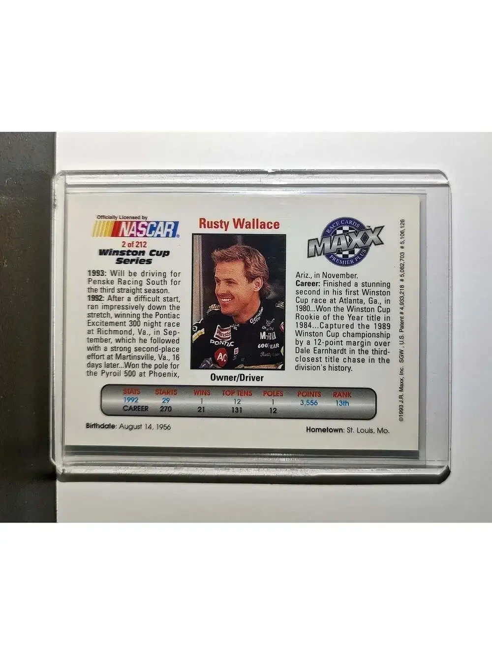 Rusty Wallace 1993 Maxx Premier Plus Racing #2 NASCAR Card Penske Racing South